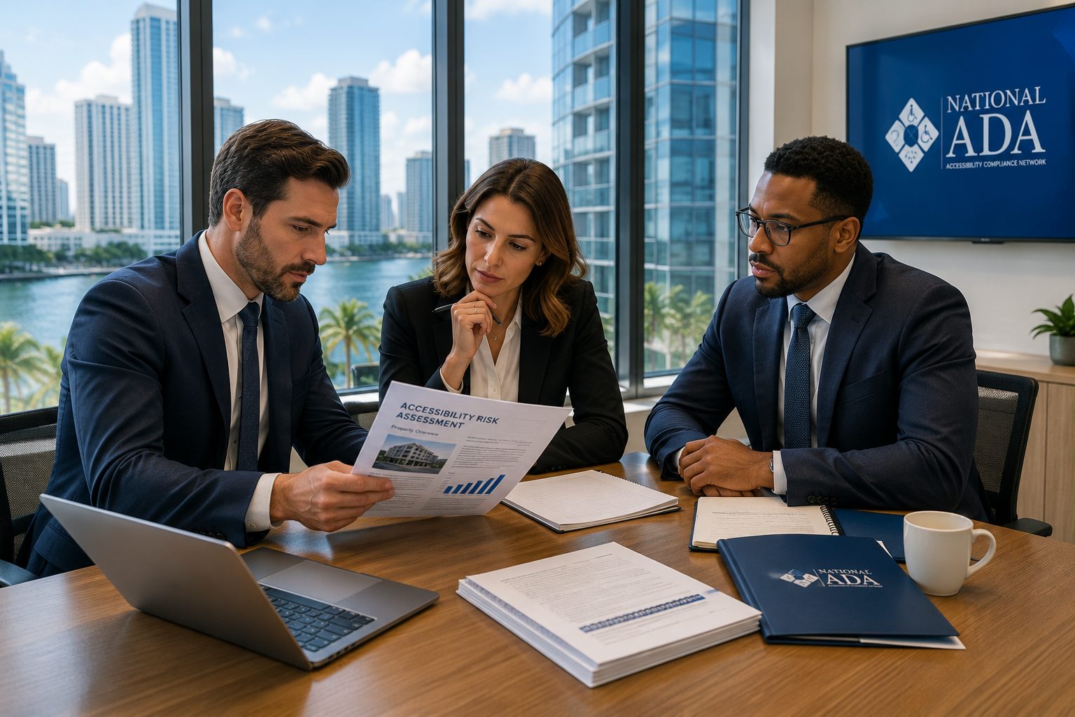 Attorneys reviewing accessibility report documents in a conference room