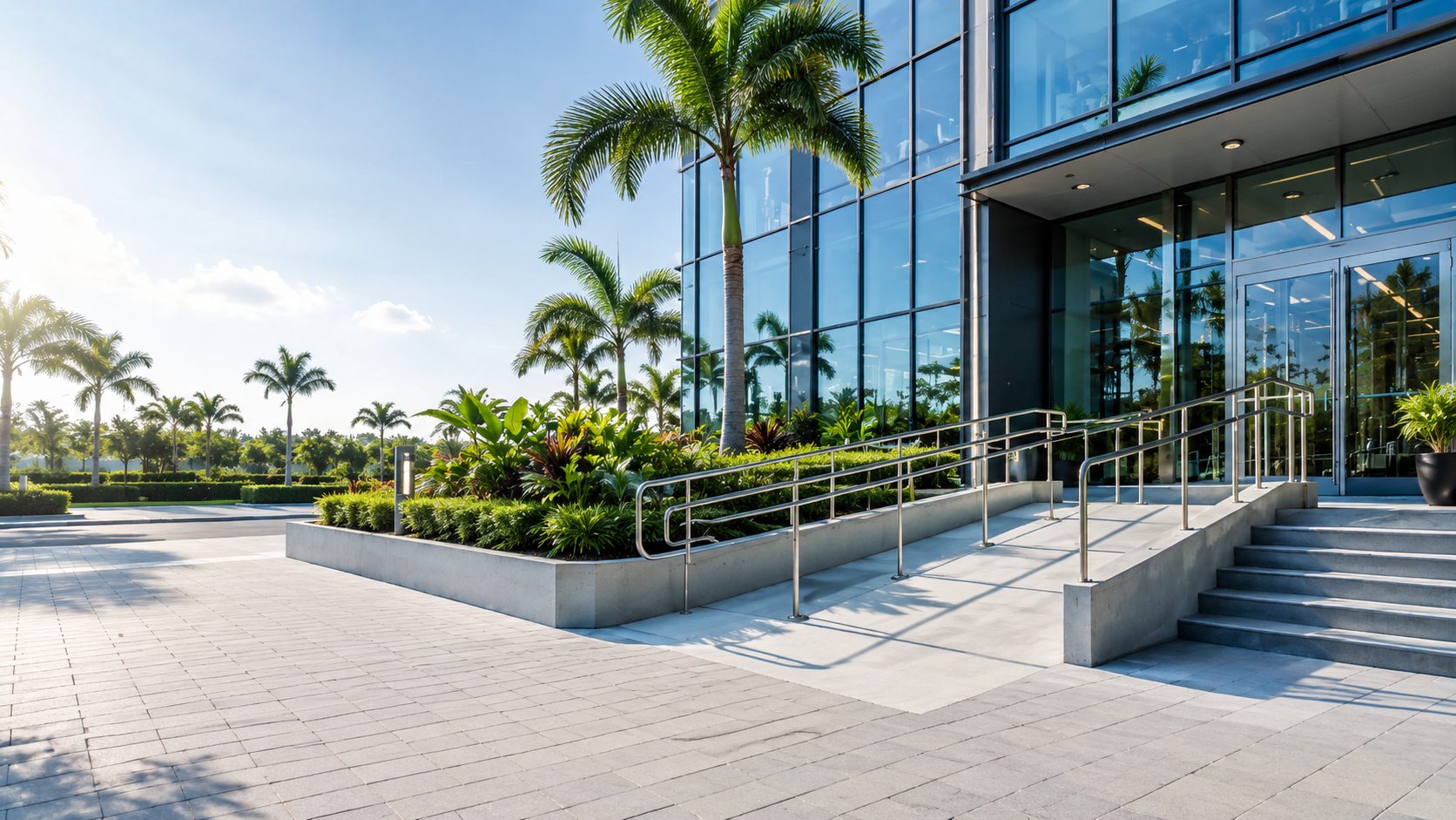 Modern commercial building entrance with an accessible ramp and handrails