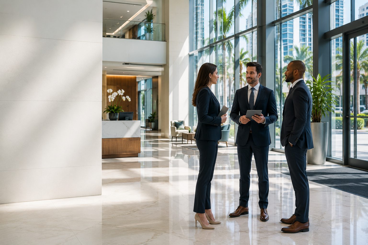 Commercial real estate professionals meeting in a modern building lobby