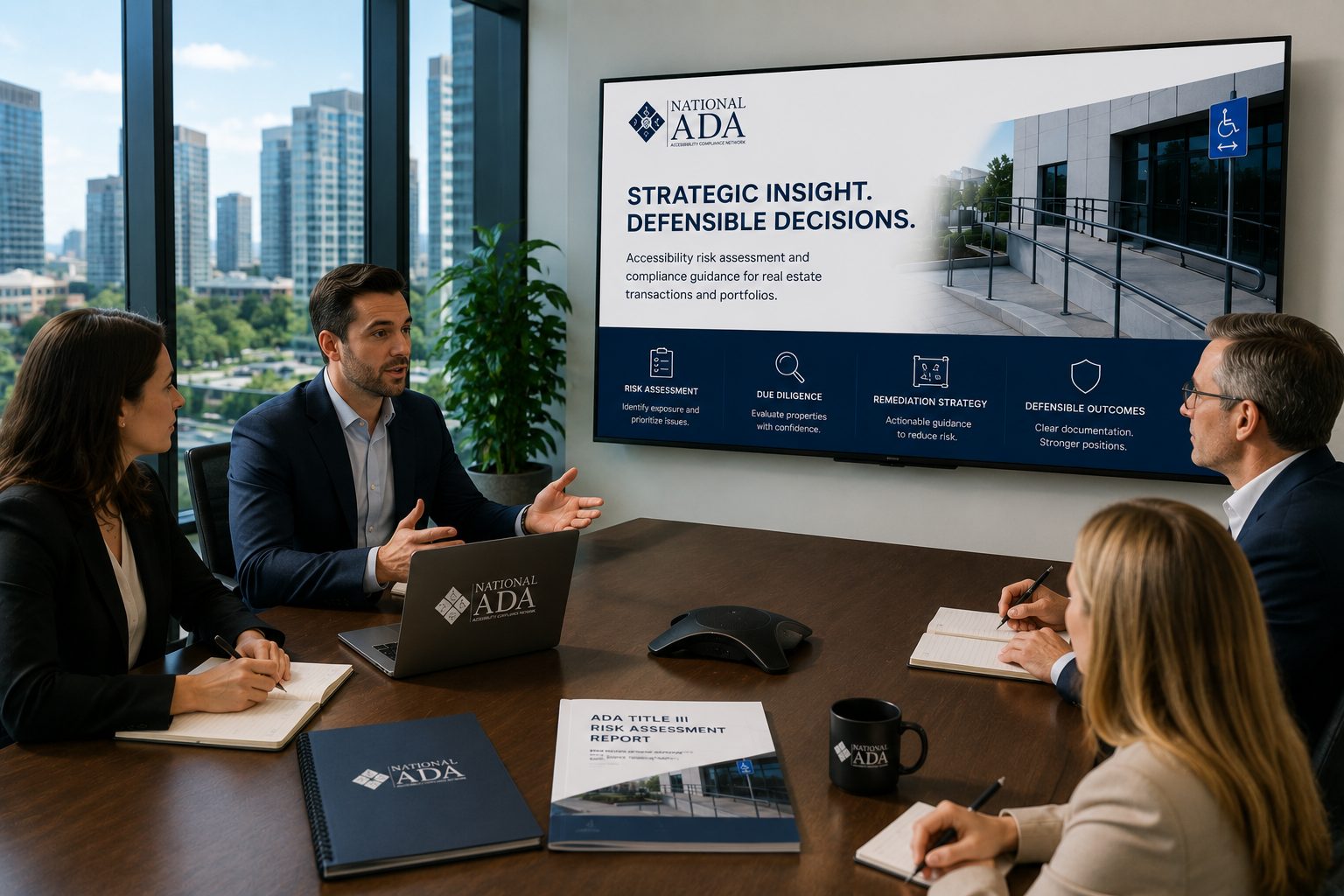 National ADA due diligence report and accessibility assessment materials on a desk