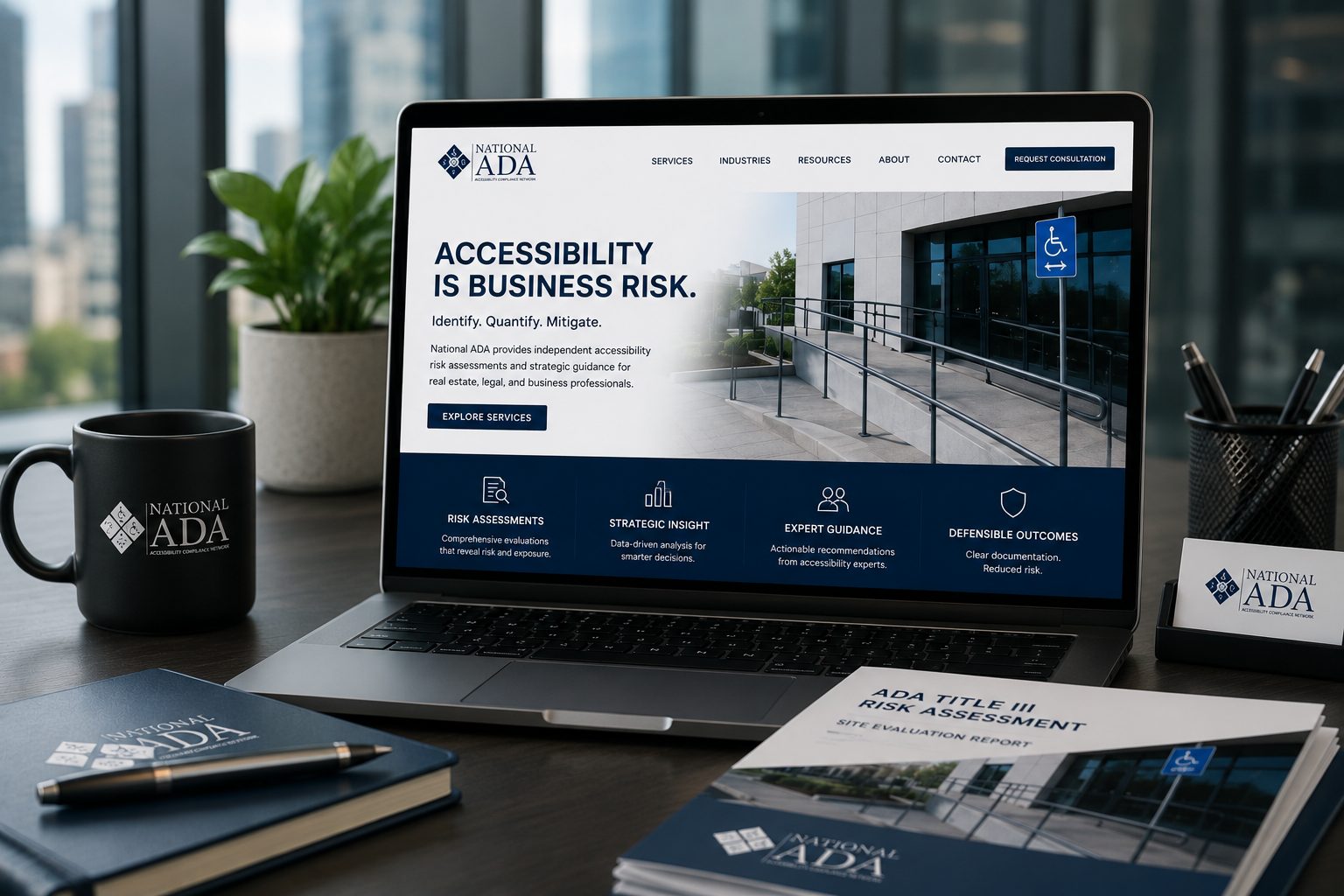 National ADA insights and accessibility risk report materials on a desk