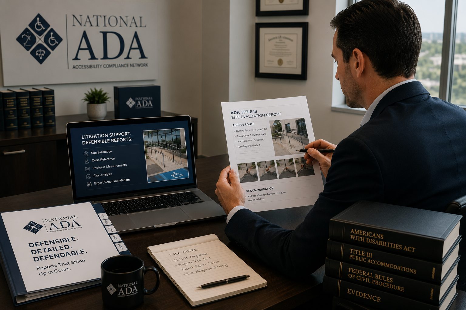Attorney reviewing a National ADA Title III site evaluation report