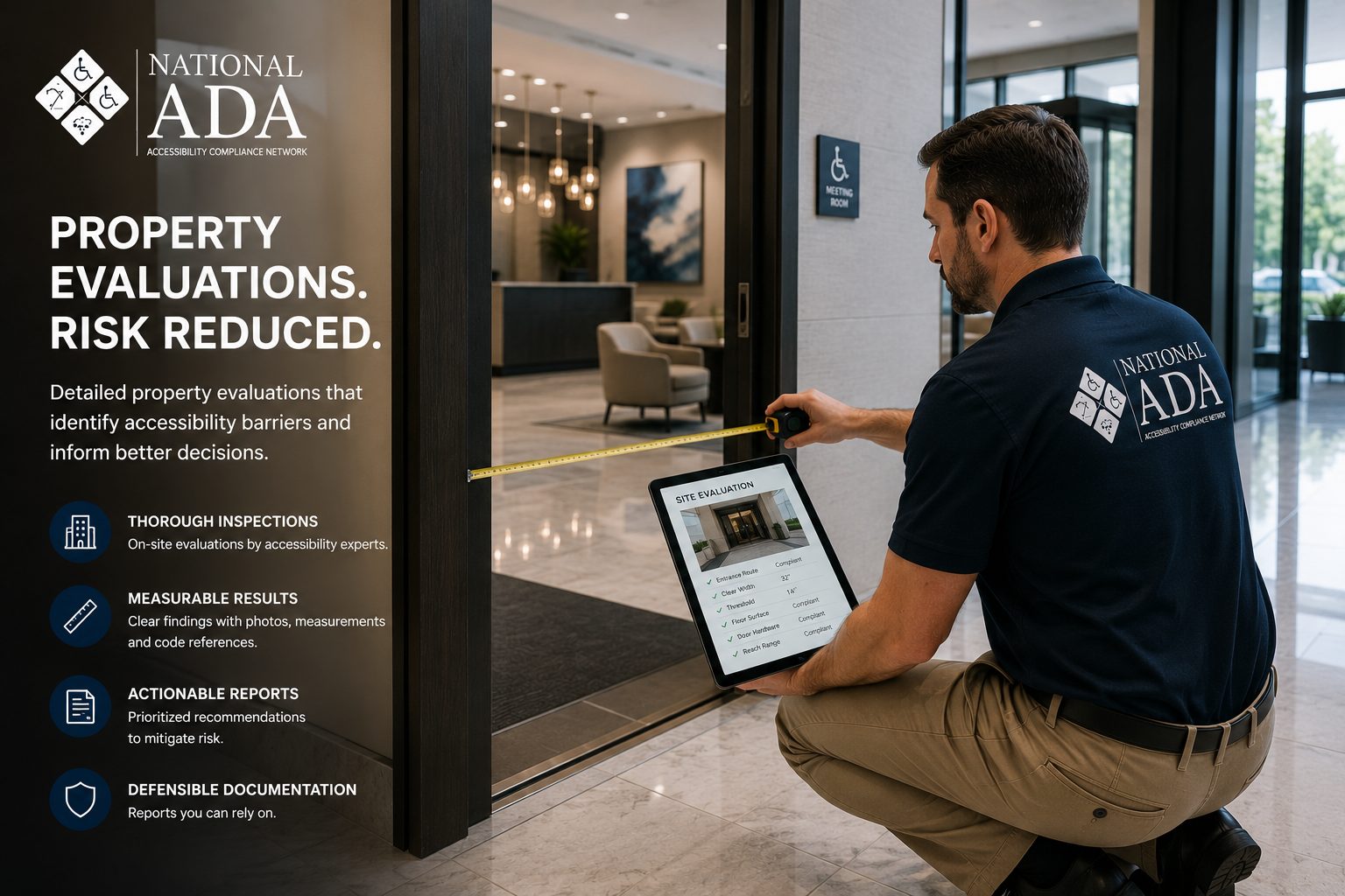 National ADA specialist measuring an accessible entrance during a property evaluation