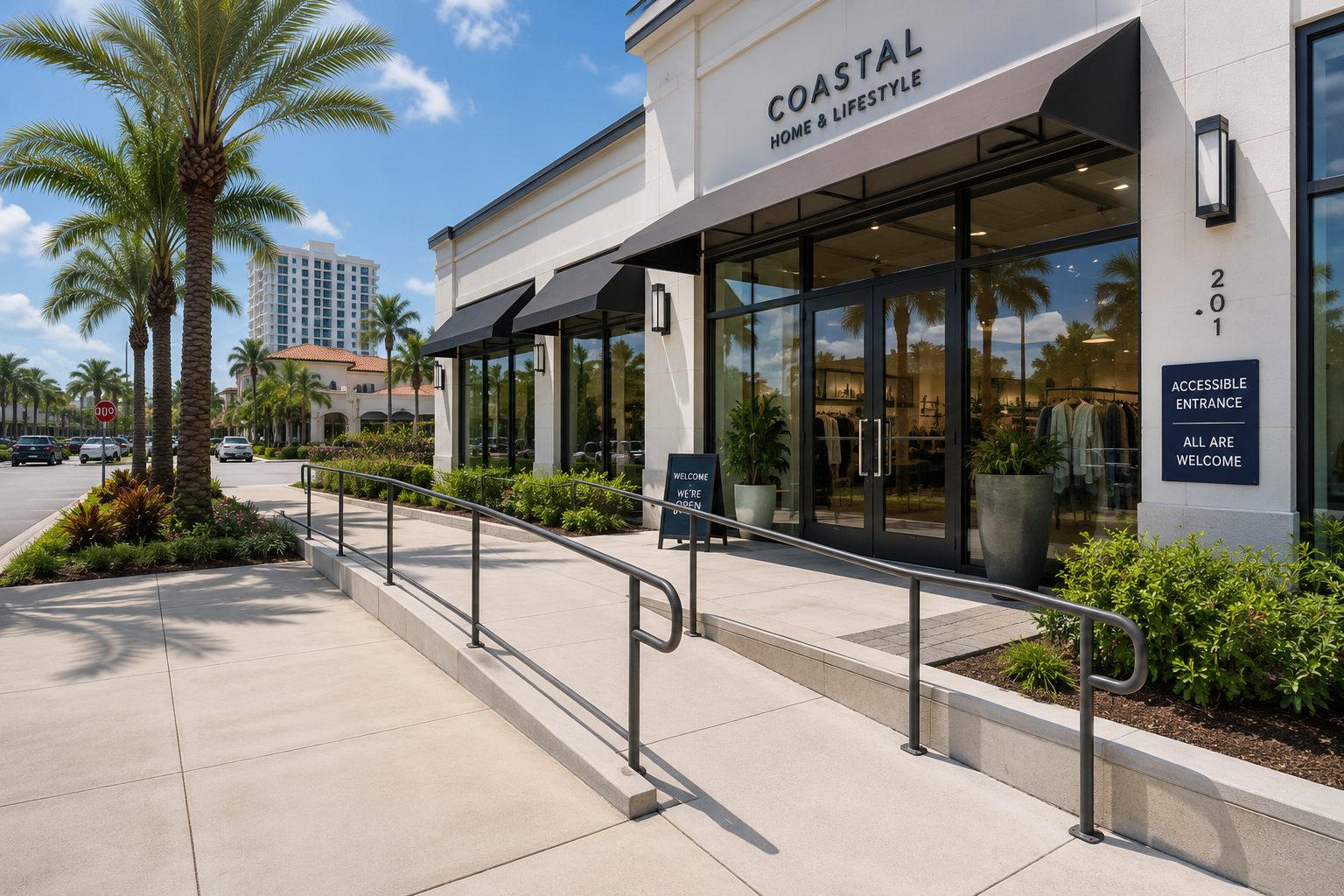 Accessible commercial storefront entrance with ramp
