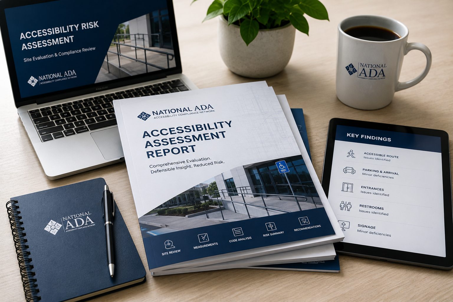 National ADA accessibility assessment report shown with a laptop and tablet on a desk